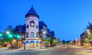 Rua histórica arborizada em Brookline, Massachusetts