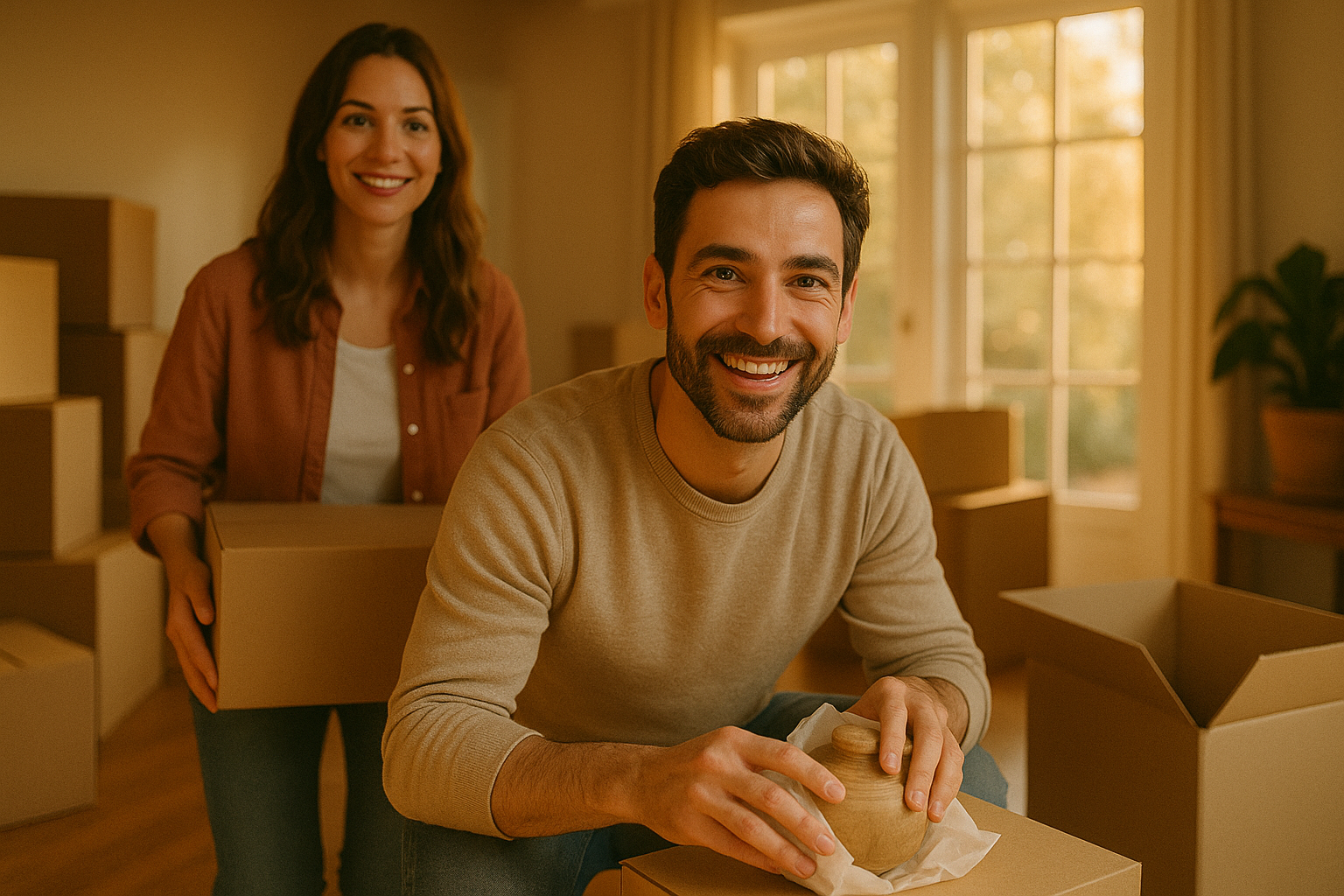 Couple packing moving boxes in their living room while preparing to sell their home
