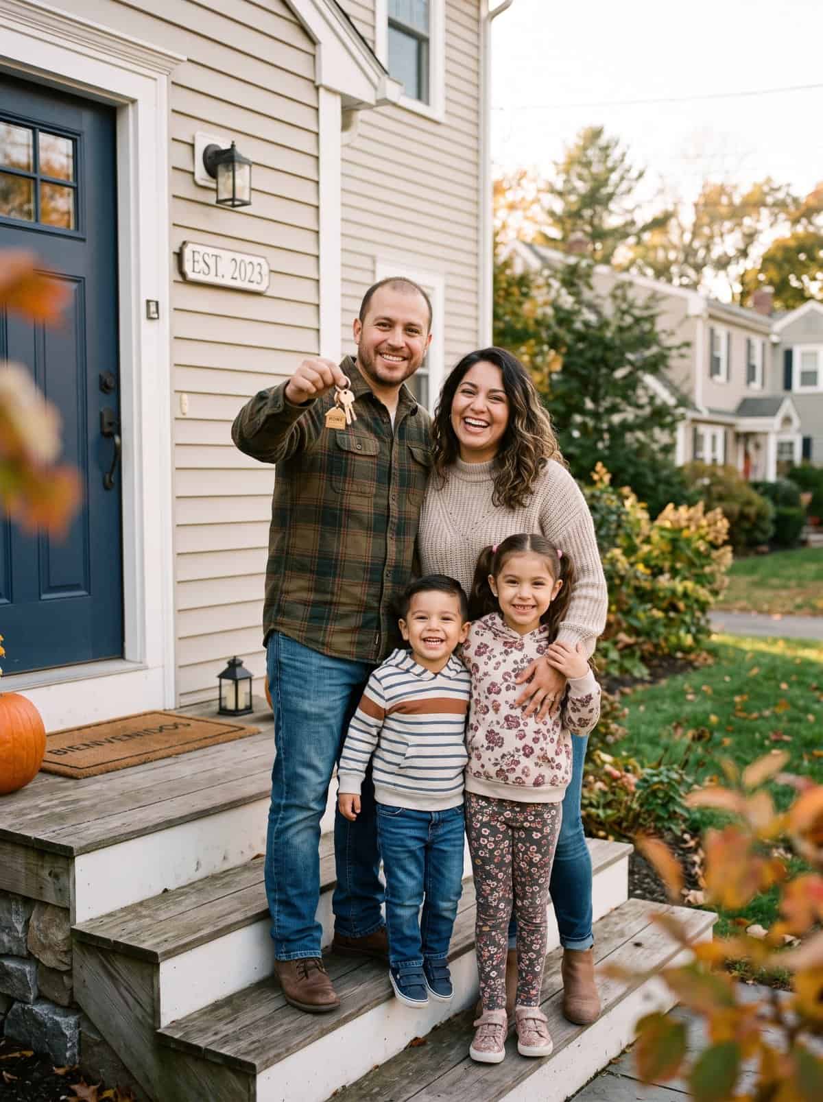 Familia latina de primeros compradores recibiendo las llaves de su nueva casa en Massachusetts